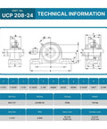 Technical diagram of Mounted Pillow Block Bearings Pack Of 2 Self Aligning Chrome Steel UCP208 24 with dimensions and specs.