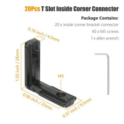 20 Pcs T Slot Inside Corner Connector With Screws For 2020 Series Aluminum Extrusion Black Gusset L Bracket product with Allen wrench