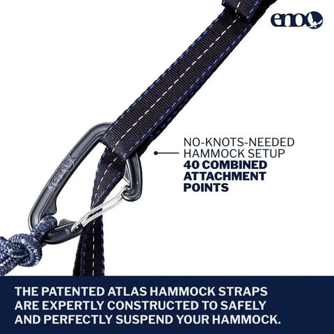 Atlas XL Hammock Suspension System with wide tree straps featuring metal carabiner and 40 attachment points for camping.