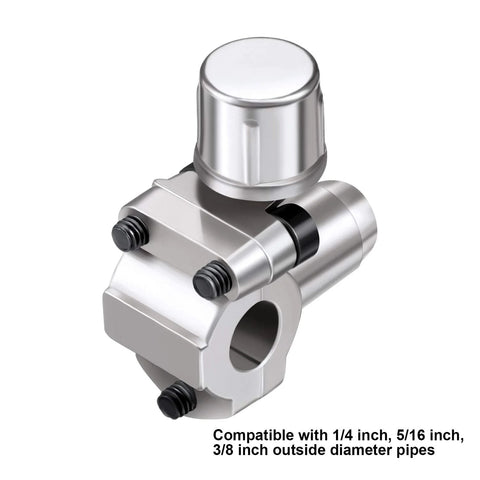 Front view of Mudder BPV31 piercing tap valve kit; silver metal body, fits 1/4, 5/16, 3/8 in OD pipes