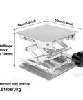 Lab jack scissor stand with stainless steel 4x4 in platform; adjustable height 1.8–5.9 in.