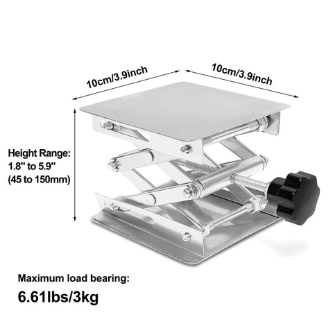 Lab jack scissor stand with stainless steel 4x4 in platform; adjustable height 1.8–5.9 in.