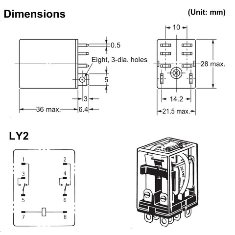 Dimensions and schematic of Two Pack General Purpose DPDT Power Relay 24VAC With 10A Contact Rating And 46mA Load Current At 60Hz.