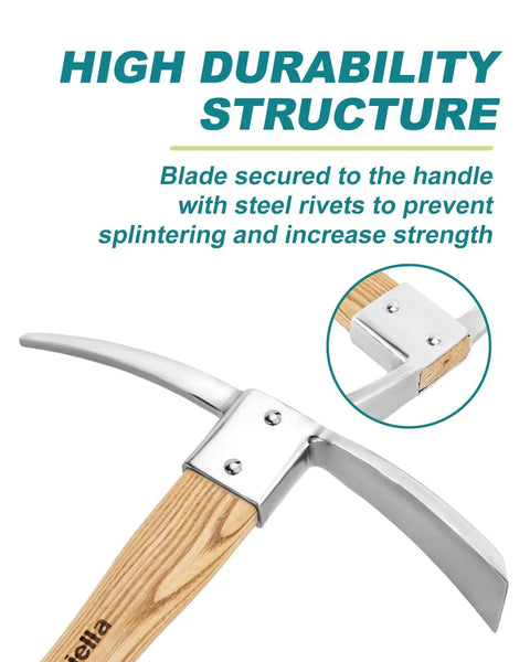2 In 1 Garden Axe And Hoe Tool With Hardwood Handle 15 Inch Steel Head showing durability and steel rivet attachment.