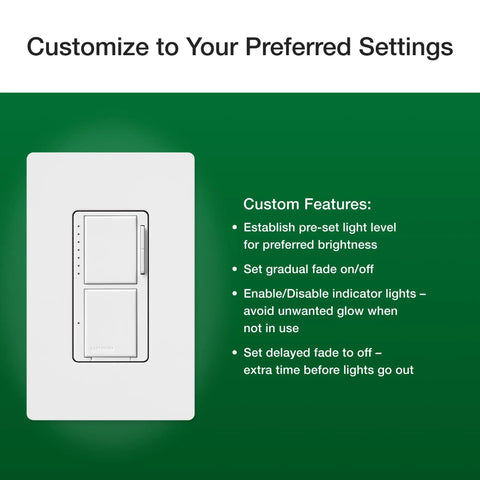 Maestro LED Plus Dual Dimmer And Switch Two In One Control For 75 Watt LED Bulbs And 2.5 Amp Fans Single Pole in white finish