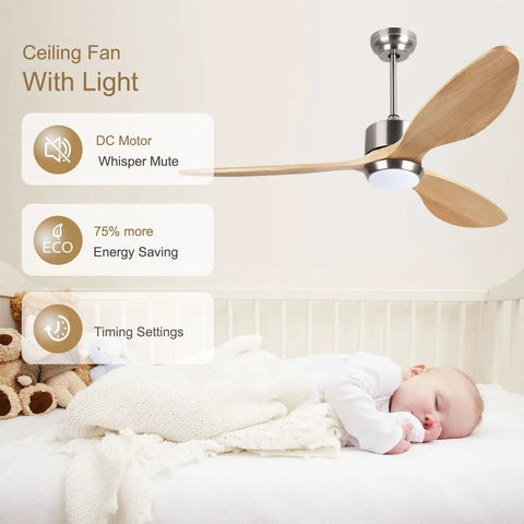 52 Inch Dope Smart Ceiling Fan With Lights Remote Control Three Way Control Solid Wood Blades Quiet Silicon Steel DC Motor