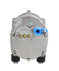 Heavy Duty 12 Volt Electric AC Compressor For R134a Systems with blue fittings and metal casing.
