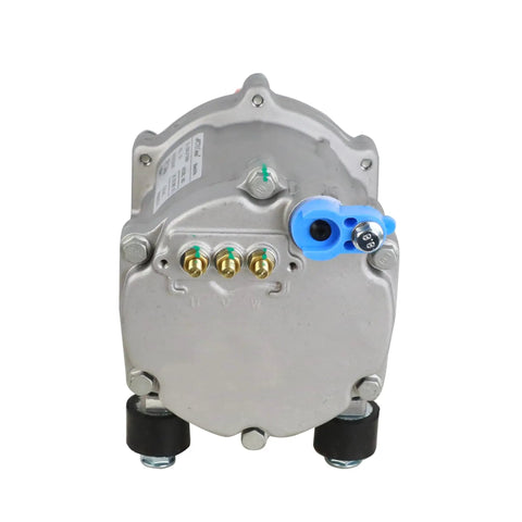 Heavy Duty 12 Volt Electric AC Compressor For R134a Systems with blue fittings and metal casing.
