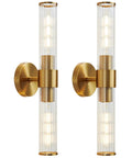 Brass double wall sconces with clear ribbed glass; vertical mount; Black Sleek Modern Bathroom Vanity Light Fixtures Sconce With Clear Glass 20 Inch Indoor Wall Light Up And Down For Bathroom And Living Room Durable Metal Frame Rust Resistant Bulb Not Included not shown