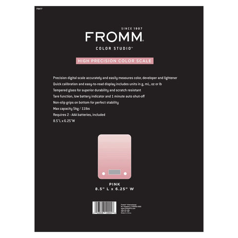 Back packaging of Digital Hair Color Scale For Precise Weighing Of Dyes And Developer, pink, 5 kg capacity, salon use.