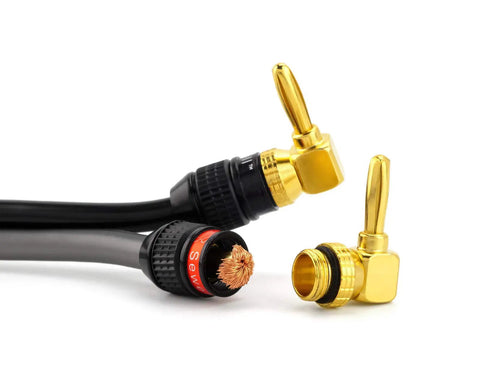 Right Angle Banana Plugs, 6 Pairs Gold Plated Speaker Plugs, 90 Degree Quick Connect shown with black cables and gold tips.