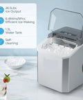 Compact Countertop Ice Maker Crafting Quick Bullet Ice In Six Minutes Flat showing self-cleaning feature and ice output.