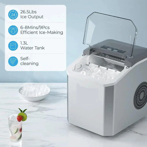 Compact Countertop Ice Maker Crafting Quick Bullet Ice In Six Minutes Flat showing self-cleaning feature and ice output.