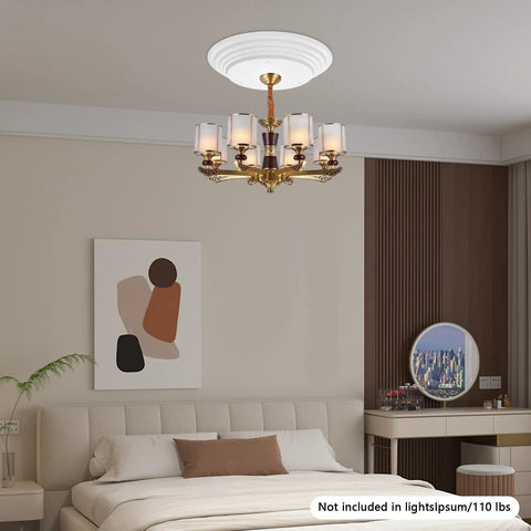 Heavy Duty Electric Hoist Lift System For Chandeliers 2 In 1 Switch Holds 110 Lbs White Metal chandelier in bedroom setting.