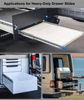 Heavy Duty 500 Lb Side Mount Drawer Slides For Industrial Cabinets With Locking Mechanism, 76mm Wide, Pair Included, Non Detachable Design, 0.77 Inch Clearance On Each Side For Smooth, Solid Drawer Operation. shown on cabinet and van drawers