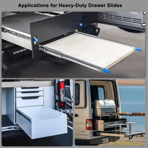Heavy Duty 500 Lb Side Mount Drawer Slides For Industrial Cabinets With Locking Mechanism, 76mm Wide, Pair Included, Non Detachable Design, 0.77 Inch Clearance On Each Side For Smooth, Solid Drawer Operation. shown on cabinet and van drawers