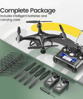 Complete package of FPV RC Drone with 1080P HD Camera, 120-Degree Wide Angle Lens, and accessories including remote and batteries.