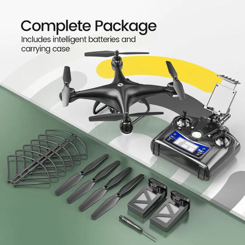 Complete package of FPV RC Drone with 1080P HD Camera, 120-Degree Wide Angle Lens, and accessories including remote and batteries.