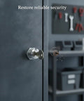 Cam Lock Replacement For Filing Cabinets And Drawers Zinc Alloy Cam in a silver finish shown installed on a gray cabinet door.
