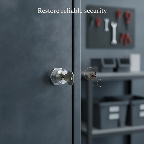Cam Lock Replacement For Filing Cabinets And Drawers Zinc Alloy Cam in a silver finish shown installed on a gray cabinet door.