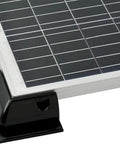 Close-up of black No Drill Solar Panel Mount Kit For Aluminum Framed Panels, Surface Mount, attached to solar panel corner.