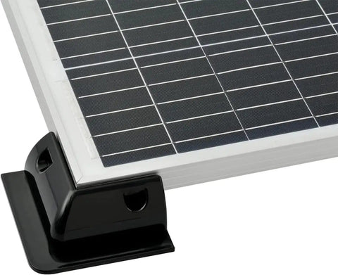 Close-up of black No Drill Solar Panel Mount Kit For Aluminum Framed Panels, Surface Mount, attached to solar panel corner.