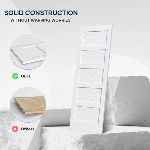 White 30x84 Inch Sliding Barn Door With 5.5 Ft Hardware Kit Included Solid MDF Slab With Waterproof Scratch Resistant PVC Surface DIY Easy Install Space Saving 5 Panel Door For Home And Apartment Renovations shown leaning on a white geometric shape.