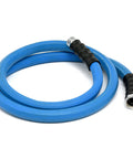 3/4-in blue rubber garden hose, 6 ft, braided polyester reinforced with metal connectors, coiled view