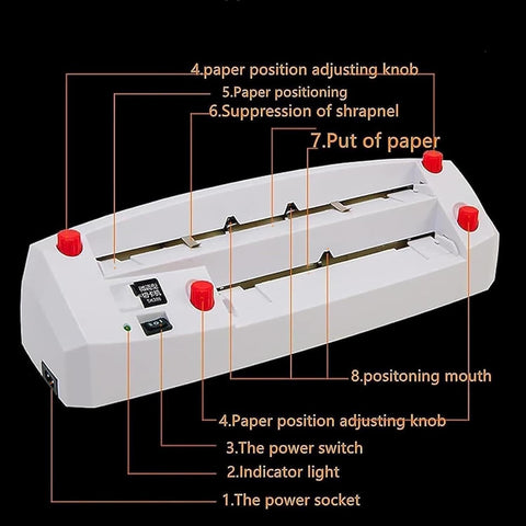 Electric Business Card Cutter with nine blades and adjustable knobs for precision cutting, shown with feature labels.