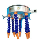 Heavy Duty Water Spray Ring And Precision Cooling Nozzle For Cutting Tools Delivering Kickass Mist Coverage And Zero Sweat Operation With A Straight Up One Hundred Millimeter Diameter Fit, with blue hoses and nozzle heads.