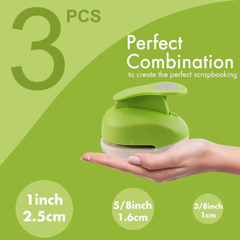 Hand holding Grab And Go Three Size Circle Hole Punch Set for Scrapbooking and Card Making with 1 inch, 5/8 inch, 3/8 inch sizes