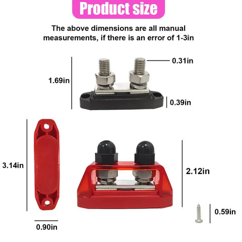Product size dimensions for Hardcore M8 Bus Bar Power Distribution Block With Dual Stud Battery Terminal Connections.