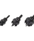 Carbide Tipped Hole Cutter Set 5-Piece With Pilot Drill And Hex Wrench, showing tungsten carbide teeth and flange stop.