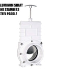 Front view of Valterra 4-inch white PVC gate valve with slip hub fittings and stainless steel paddle