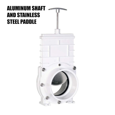 Front view of Valterra 4-inch white PVC gate valve with slip hub fittings and stainless steel paddle
