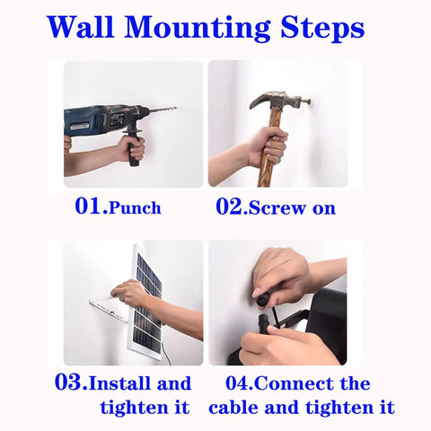 Wall mounting steps for JUDYSSY Solar Flood Lights Outdoor Led 178Pcs 160Lm/W, showing installation tools and methods.