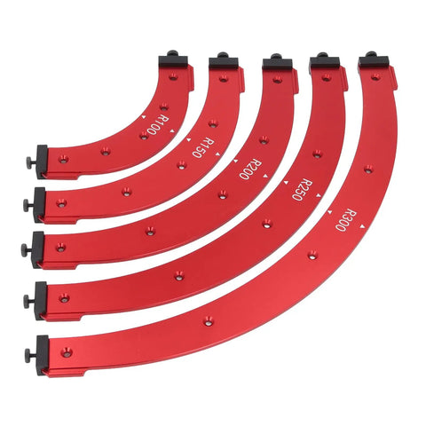 Badass Radius Jig Template Set Straight Up Routing Cabinet Corners With Rock Solid Aluminum Build Delivering Pro Level Woodworking Finishes Every Time Across Five Sizes, featuring five red aluminum templates.