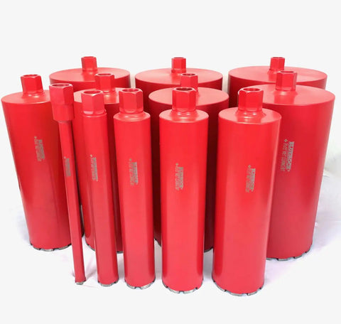 Straight Shooting Heavy Duty Workhorse Diamond Coring Drill With Tilting Rolling Base And Killer 12 Piece Wet Core Bit Set Pro Concrete Cutting Setup 110 Volt Dual Speed 2600 Watt Motor Crushes 12 Inch Cuts featuring red diamond core bits.