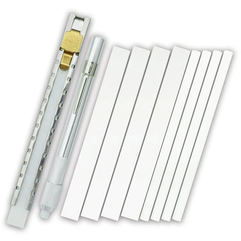 Flat And Round Soapstone Holder Set For Welders With 10 Replacement Refills, showing flat and round aluminum holders with chalk refills.