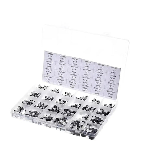 400 Piece SMD Aluminum Electrolytic Capacitor Kit With 24 Value Assortment From 1uF To 1000uF 50V Rating With Storage Case, shown open