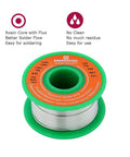 Lead Free Rosin Core Solder Wire For Electronics 1.0mm Diameter 0.04 Inch Sn99 Ag0.3 Cu0.7 RoHS Low Melting Point Easy Flow Soldering Flux Ideal For Electrical Repairs And Hobby Projects 50g Pack, with green spool and product details visible