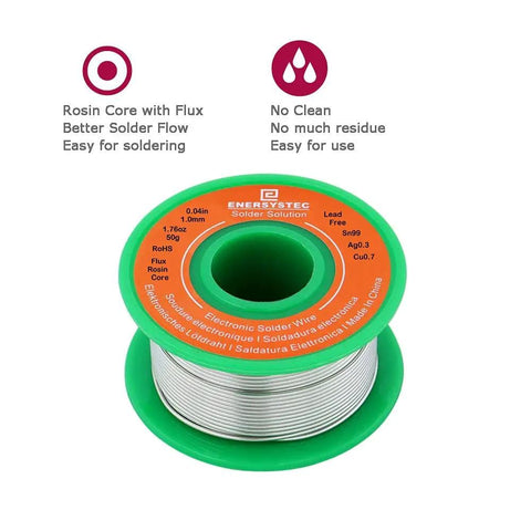 Lead Free Rosin Core Solder Wire For Electronics 1.0mm Diameter 0.04 Inch Sn99 Ag0.3 Cu0.7 RoHS Low Melting Point Easy Flow Soldering Flux Ideal For Electrical Repairs And Hobby Projects 50g Pack, with green spool and product details visible