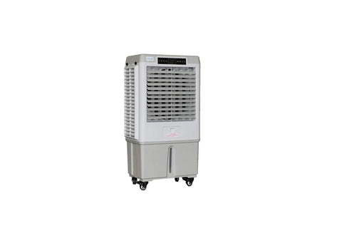 Heavy Duty Portable Evaporative Swamp Cooler With 3000 CFM Blower And Ten Gallon Ice Ready Tank side view with wheels for easy mobility
