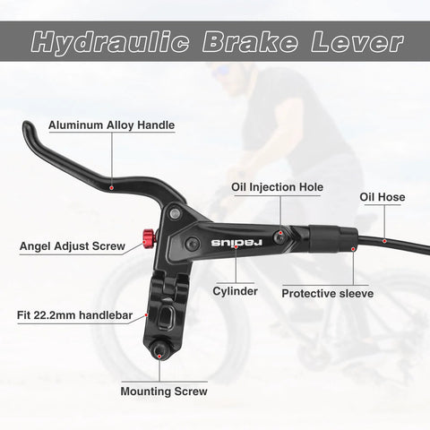 Front view of GRELiving hydraulic brake lever with aluminum alloy handle and oil hose