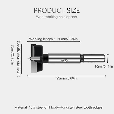 Heavy Duty 3 Inch Carbide Tipped Forstner Drill Bit Set With Bully Proof Durability And Sweet Bite Geometry For Bullseye Alignment When Drilling Crisp Holes In Lumber Plywood Hardwood And Plastic, close-up view showing specifications and sizes.