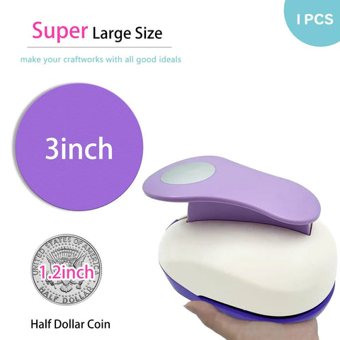 3 Inch Circle Punch For Paper Crafting Large 75mm Hole Punch For Cardstock Scrapbooks Greeting Cards Gift Wrapping And DIY Projects In Purple And White, shown held in hand