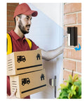 Delivery person installing Adjustable 30 To 55 Degree Doorbell Angle Mount for Video Doorbells on brick wall next to door
