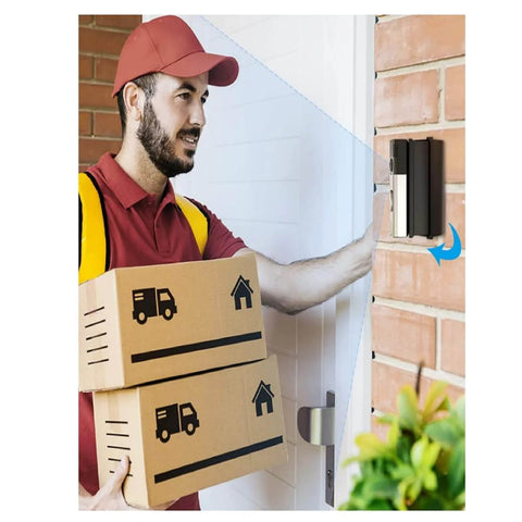Delivery person installing Adjustable 30 To 55 Degree Doorbell Angle Mount for Video Doorbells on brick wall next to door