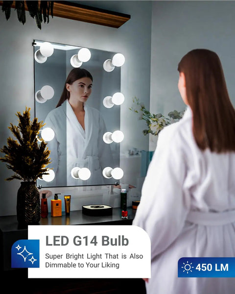 Six Pack E12 LED Bulbs For Candelabra Sockets, 3000K Warm White, CRI92, frosted G14 globe bulbs around vanity mirror