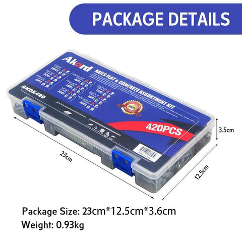 DIY Ready Flat Head And Concrete Nails Kit 420 Piece Set in plastic box showing dimensions 23cm x 12.5cm x 3.6cm with details on lid